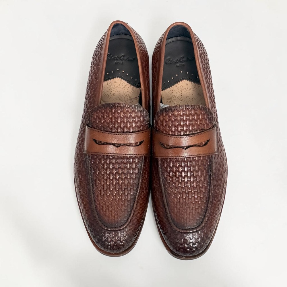 Robert Graham Boerne Mens 9 Brown Leather Penny Loafers Basket Weave Dress Shoes